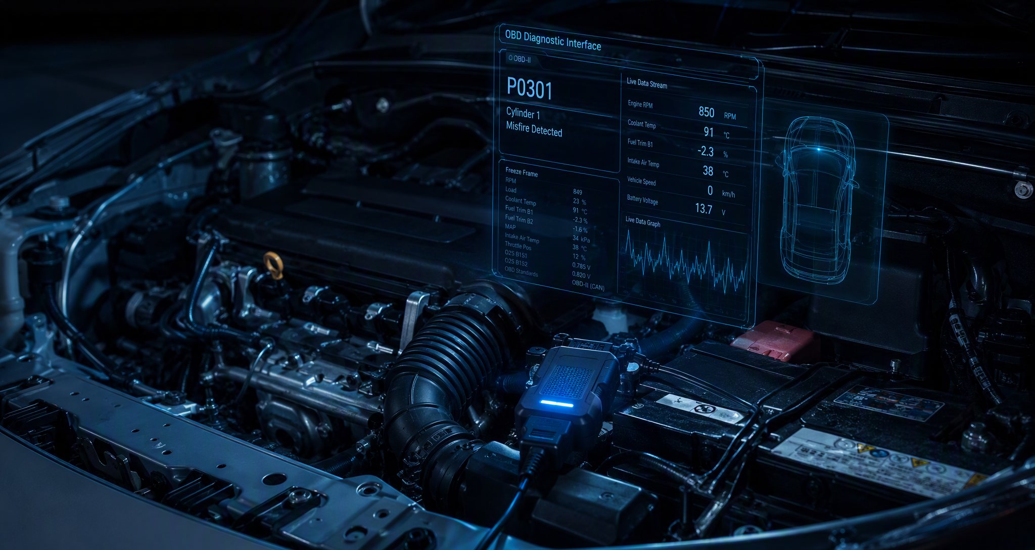 Engine bay with a diagnostic interface showing live vehicle data