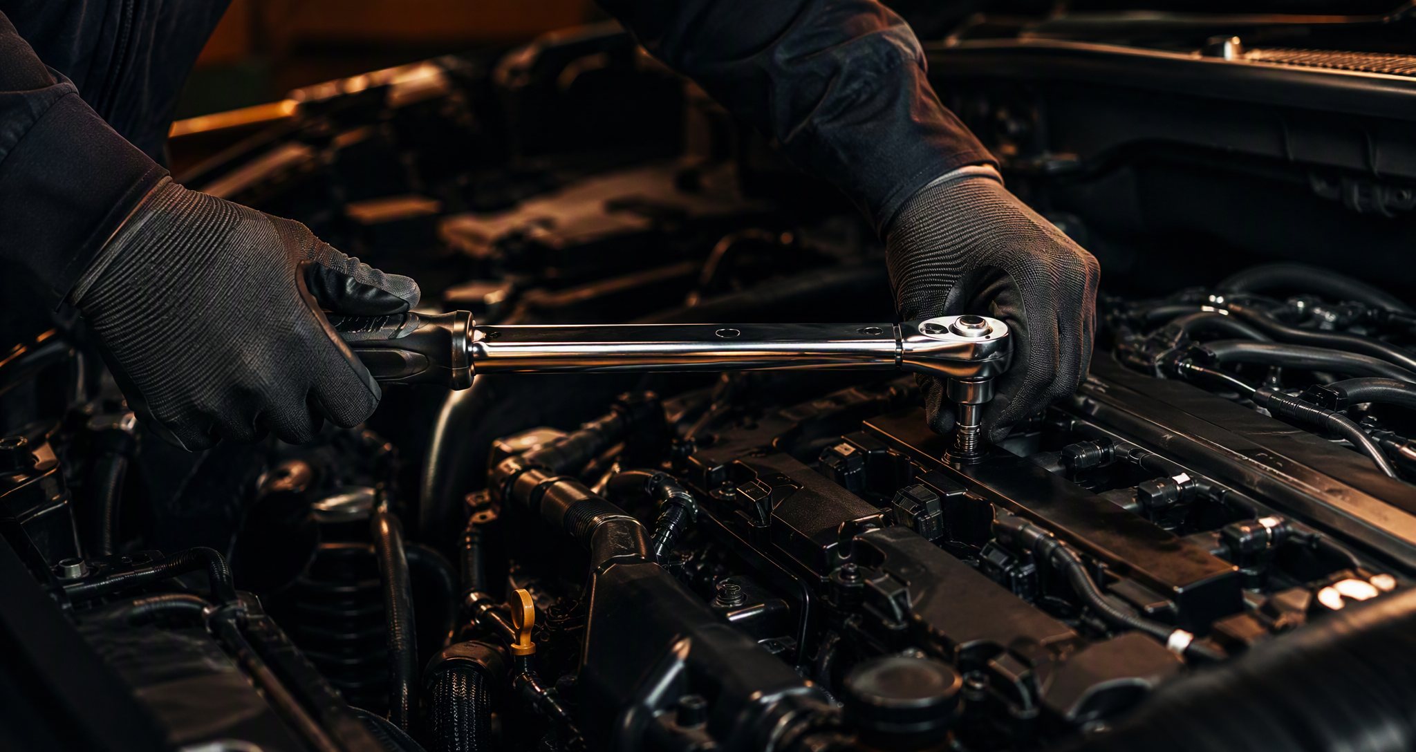 A technician's gloved hands using a torque wrench on an engine