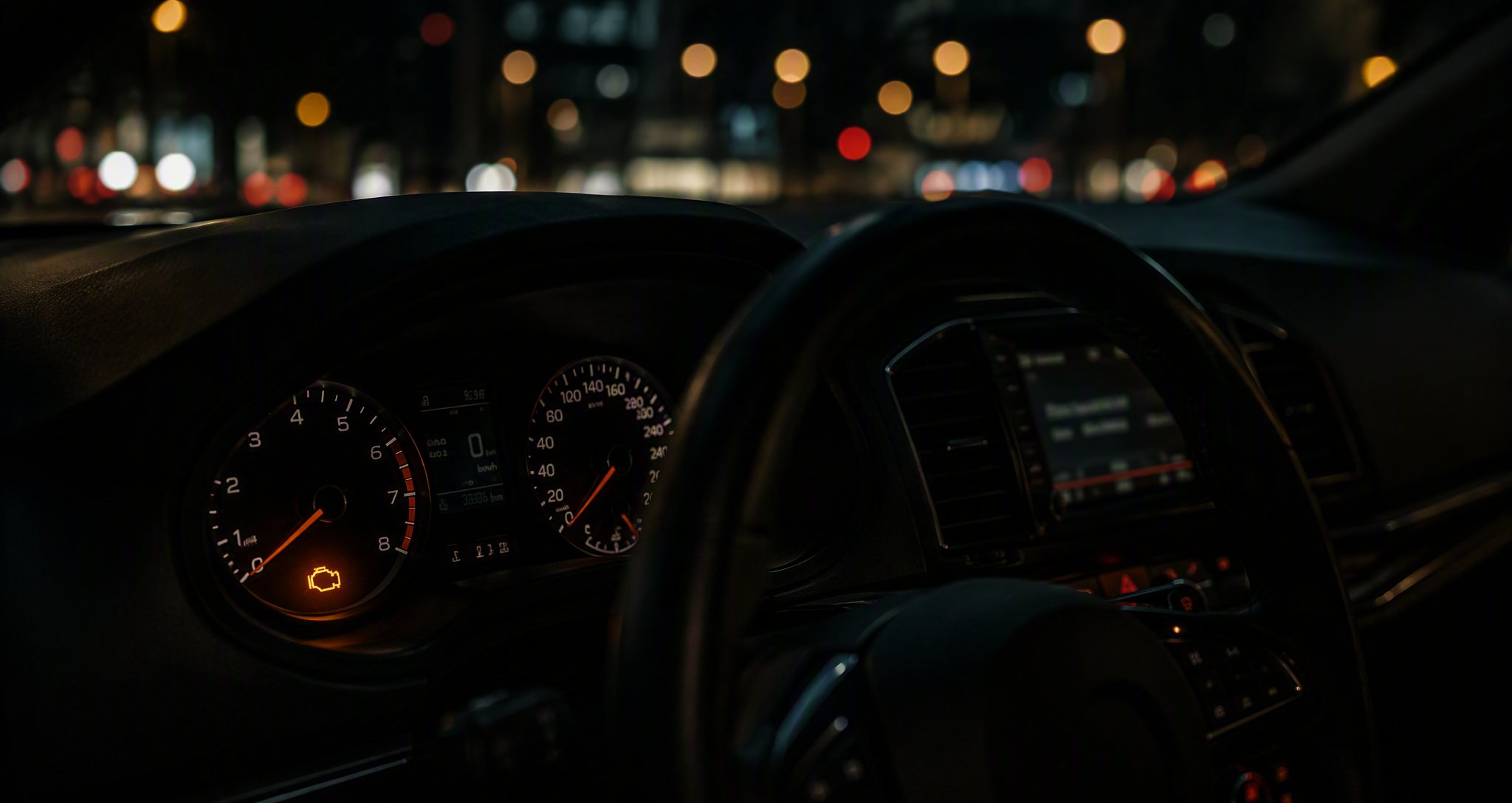 An illuminated amber warning light on a car dashboard at night